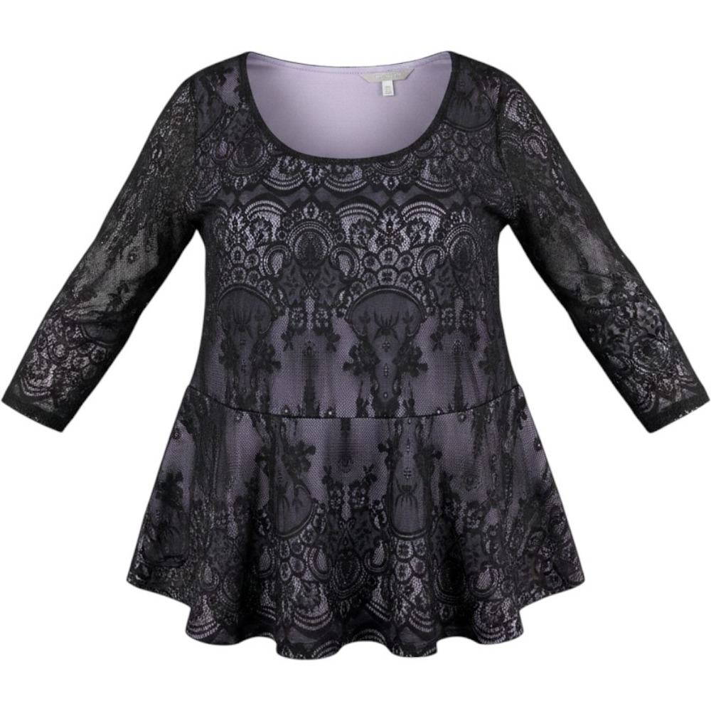 Lane Bryant Lace Peplum Top Women 14/16 Black Lavender Floral 3/4 Sleeve Gothic